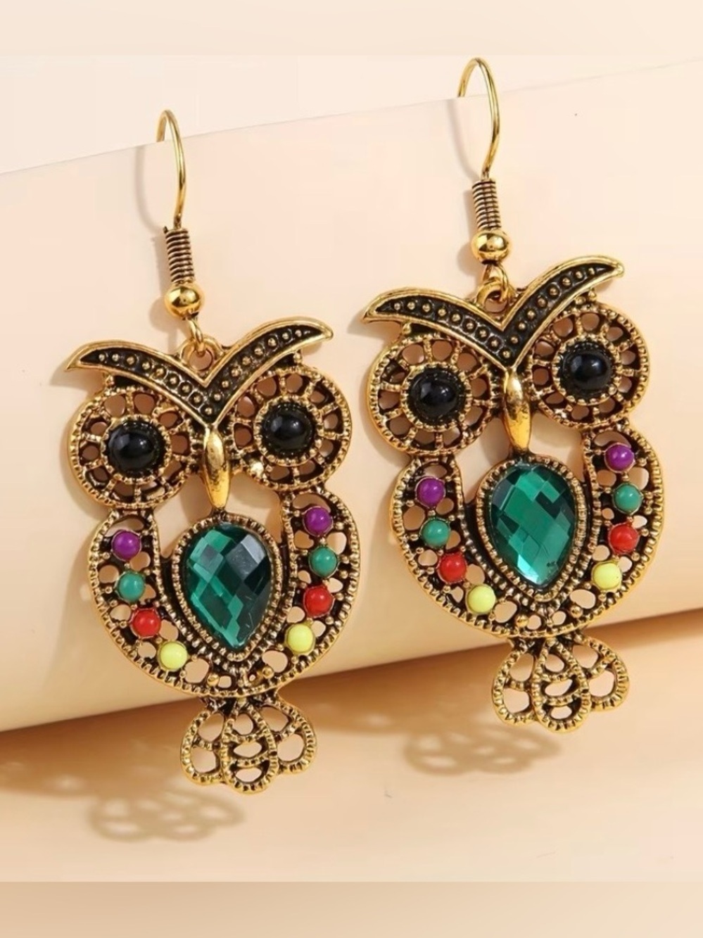 NEW! Gold-Tone Owl Drop Earrings with Emerald Green Gemstones. A0-4 - Picture 2 of 5